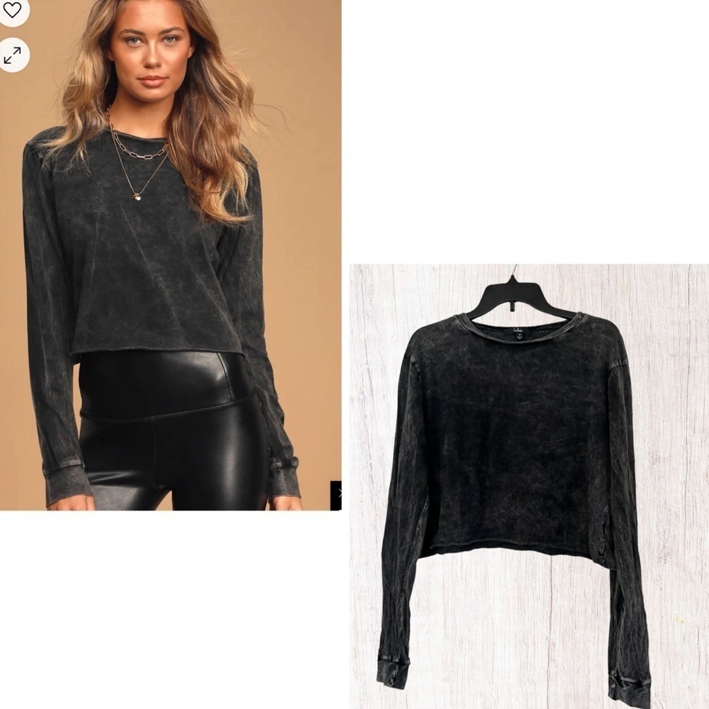 Lulus Cropped Faded Call The Shots Black Long Sleeved Tee Shirt size Medium